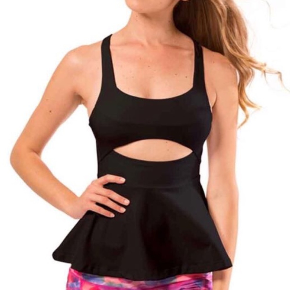 Black Cutout Peplum Sports Top w/ Removable Pads